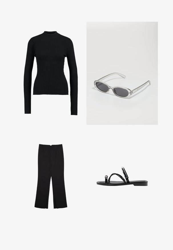 Črna usnjena jakna z rjavim umetnim krznom na ovratniku, zapiranje spredaj s gumbi in nabran elastični rob. Zasnova z teksturo in stranskimi žepi.; Črn rebrast pulover z visokim ovratnikom in dolgimi rokavi, ki se prilega telesu, z gladko teksturo in strukturirano silhueto.; Črne hlače ravnega kroja z naglavnimi žepi in stranskimi razporki na robu. Narejene iz mehke, gladke tkanine. Primerne za različne priložnosti.; Črne ravne sandale s sijajno končno obdelavo, tremi tankimi trakovi in okroglo kovinsko podrobnostjo na prstih. Elegantna zasnova z minimalnim peto.; Sončna očala ovalne oblike, prozoren plastičen okvir, temno sivi leči in tanke prozorne roke z logotipnimi akcenti in minimalnimi detajli.