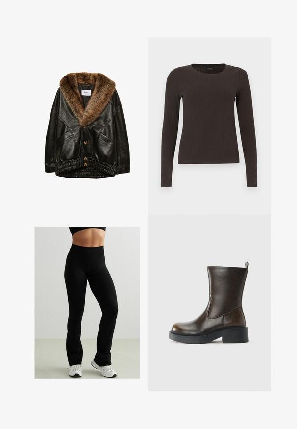 Črna usnjena jakna z rjavim umetnim krznom na ovratniku, zapiranje spredaj s gumbi in nabran elastični rob. Zasnova z teksturo in stranskimi žepi.; Rjav, dolgosleeve rebrasti zgornji del s krožnim izrezom. Narejen iz gladkega, raztegljivega materiala, z oprijetim silhuetom in minimalnimi detajli.; Črne oprijete legice z visokim pasom, narejene iz elastičnega materiala. Imajo gladko teksturo in obliko z razširjenim gležnjem. Utežene z belimi supergami.; Temno rjave usnjene čevlje do sredine meč z zaobljenim nosom, debelim črnim podplatom, nizkim blokastim petam in zanko za pomoč pri obuvanju na zadnji strani.