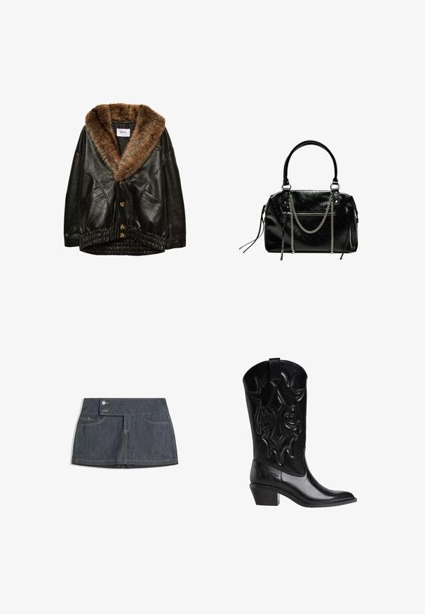 Czarna skórzana kurtka z brązowym futrzanym kołnierzem, zapięcie na guziki z przodu oraz elastyczny ściągacz na dole. Teksturowane wykończenie z bocznymi kieszeniami.; Czarna przezroczysta bluzka z długimi dzwonowymi rękawami, głębokim dekoltem w serek i detalem z przodu w postaci związania. Posiada luźny, warstwowy dół z subtelną fakturą.; Ciemnoniebieska spódnica dżinsowa z wysokim stanem, z dwoma przednimi kieszeniami, zapięciem na guzik i kontrastowym przeszyciem wzdłuż brzegów.; Czarne skórzane kowbojki z haftowanymi dekoracyjnymi wzorami, w szpic, o średniej wysokości skośnym obcasie i pasku do łapania na szczycie cholewy.; Bershka - Torebka