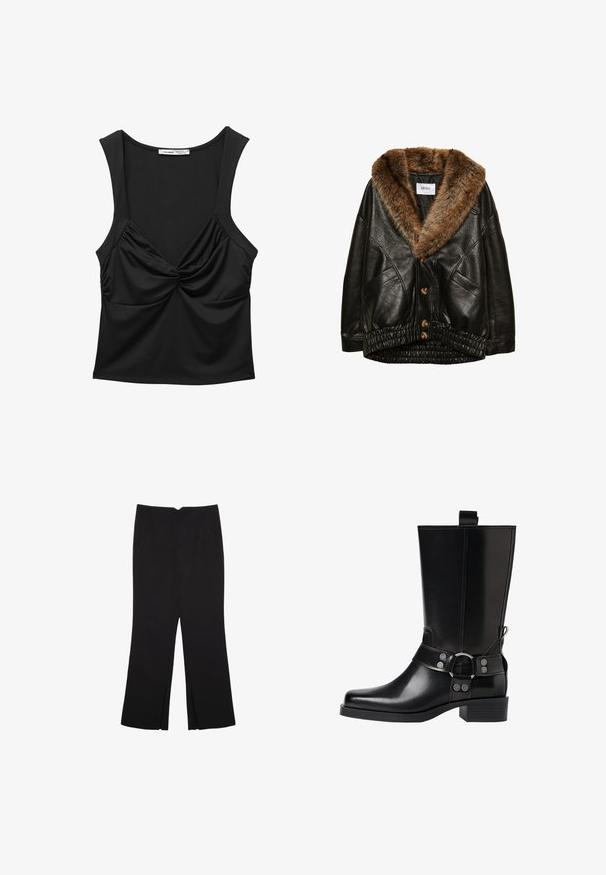 Črna usnjena jakna z rjavim umetnim krznom na ovratniku, zapiranje spredaj s gumbi in nabran elastični rob. Zasnova z teksturo in stranskimi žepi.; Črn brezrokavnik iz gladkega materiala, ki ima na sprednji strani zvit vozel in ohlapno prileganje. Okrogla izrezana vrata in široke naramnice.; Črne hlače ravnega kroja z naglavnimi žepi in stranskimi razporki na robu. Narejene iz mehke, gladke tkanine. Primerne za različne priložnosti.; Črne usnjene škornje do kolen s koničastim nosom, srebrnimi zaponkami in debelim peto. Imajo zanko za enostavno obuvanje.