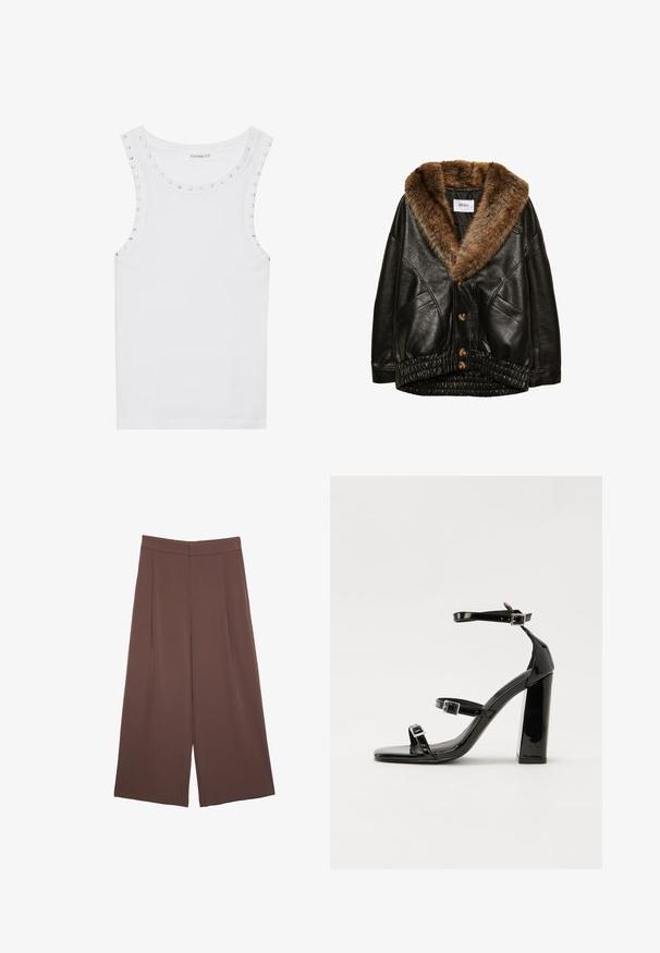 Giacca di pelle nera con colletto in finta pelliccia marrone, chiusura frontale con bottoni e orlo elastico arricciato. Finitura testurizzata con tasche laterali.; Canotta bianca senza maniche in cotone, con scollo rotondo decorato con borchie argentate sulle spalle per un tocco di classe.; Pantaloni ampi marroni con una texture liscia, caratterizzati da una vita alta e pieghe frontali. Il tessuto è leggero e scorre liberamente.; Sandali con tacco in vernice nera, con punta squadrata, cinturini alla caviglia e fibbie in argento. Presentano un tacco a blocco spesso per maggiore stabilità.