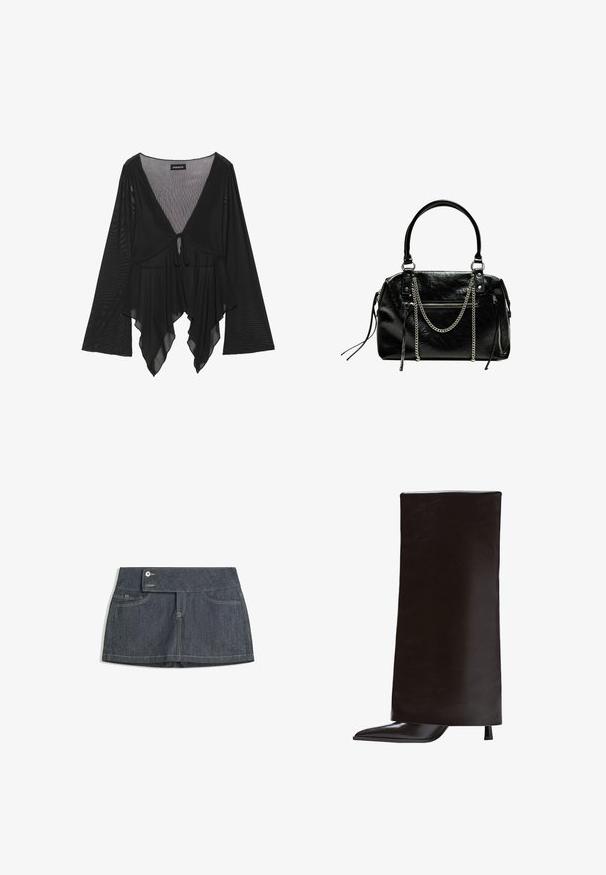 Musta nahkatakki, jossa on ruskea tekoturkis kaulus, napitettava edustus ja kootut elastiset helmavarat. Teksturoitu pinta ja sivutaskut.; Mustan läpikuultava pusero, jossa on pitkät kellotähdit, syvä V-pääntie ja etuisen solmukkeen yksityiskohta. Ominaisuudet sisältävät virtaavan, kerroksellisen helman, jossa on hienovarainen tekstuuri.; Tummansininen farkkahame, jossa on korkea vyötärö, kaksi etutaskua, nappisuljenta ja kontrastiväriset tikkausreunat.; Mustat polven korkeudelle ulottuvat saappaat, jotka on valmistettu sileästä nahasta, ja joissa on terävä kärki ja kapea korko. Minimalistinen muotoilu, jossa on tyylikäs ja jäsentynyt siluetti.; Bershka WITH CHAIN - Käsilaukku - black