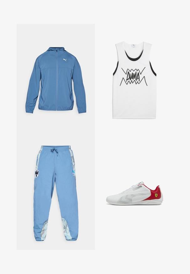 Zila viegla jakas ar kapuci, priekšējo rāvējslēdzēju un garām piedurknēm; satur kontrastējošu baltu logo uz kreisā krūts. Gluda tekstūra.; Balts bez piedurknēm T-krekls ar melniem akcentiem, centrā ar izteiksmīgu melnu "PUMA" grafiku, kas satur zigzaga dizainu.; Gaiši zili sporta bikses ar elastīgu jostasvietu, sānu kabatām un abstraktiem rakstiem apakšējās malās. Iekļauti logotipa akcenti.; Baltas sporta apavi ar gludu tekstūru, sarkaniem akcentiem, perforētu detaļu un sudraba akcentu tuvāk šņorēm; uz papēžiem ir Ferrari logo.