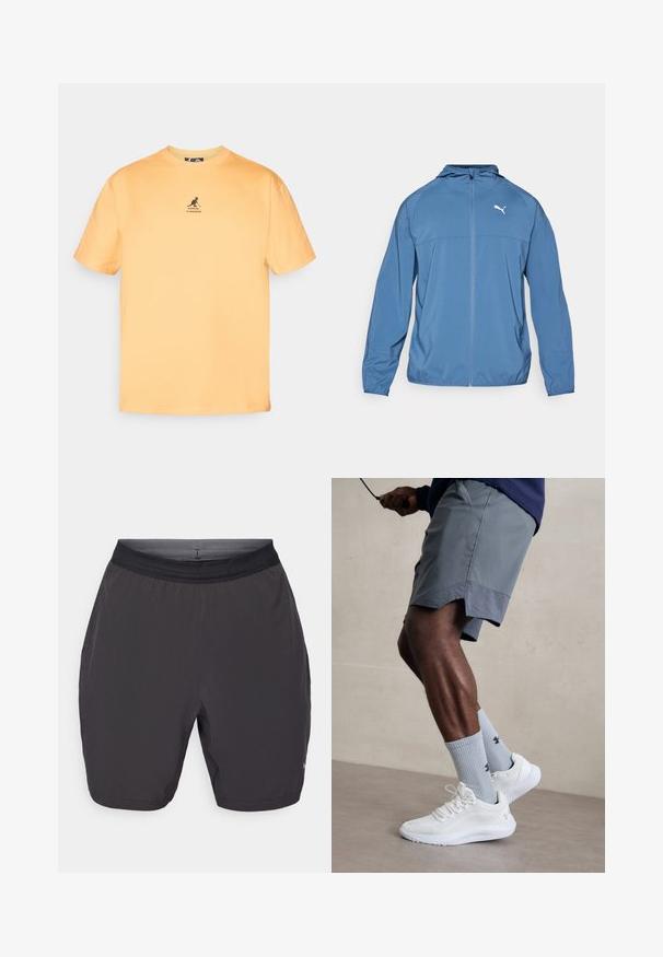 Sininen kevytrunkoinen takki hupulla, edessä vetoketju ja pitkät hihat; vasemmassa rinnassa erottuva valkoinen logo. Sileä pinta.; Keltainen puuvillapaita, jossa on pyöreä kaula-aukko, lyhyet hihat ja musta kengurulogotakki rinnassa. Yksinkertainen ja koristamaton muotoilu.; Harmaat urheilushortsit, jotka on valmistettu kevyestä kankaasta. Ominaisuuksiin kuuluu joustava vyötärö, sivutaskut ja sileä pinta. Ei näkyviä kuvioita.; Valkoiset urheilukengät, joissa on karkea verkkomateriaali, yhdessä vaaleansinisten ribattujen sukkien kanssa, joissa on logo. Harmaat urheiluhousut, joissa on rei'itetty reunus.