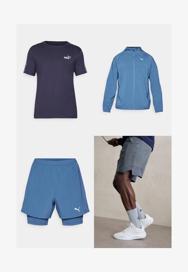 Blue lightweight jacket with a hood, front zipper, and long sleeves; features a contrasting white logo on the left chest. Smooth texture.; Navy blue t-shirt made of smooth fabric, featuring a crew neck, short sleeves, and a white Puma logo on the chest and patterned accents on the sleeves.; Puma blue athletic shorts with a layered design, featuring an elastic waistband, smooth texture, and a white logo on the lower leg.; White athletic shoes with textured mesh upper, paired with light blue ribbed socks featuring a logo. Grey athletic shorts with perforated trim.