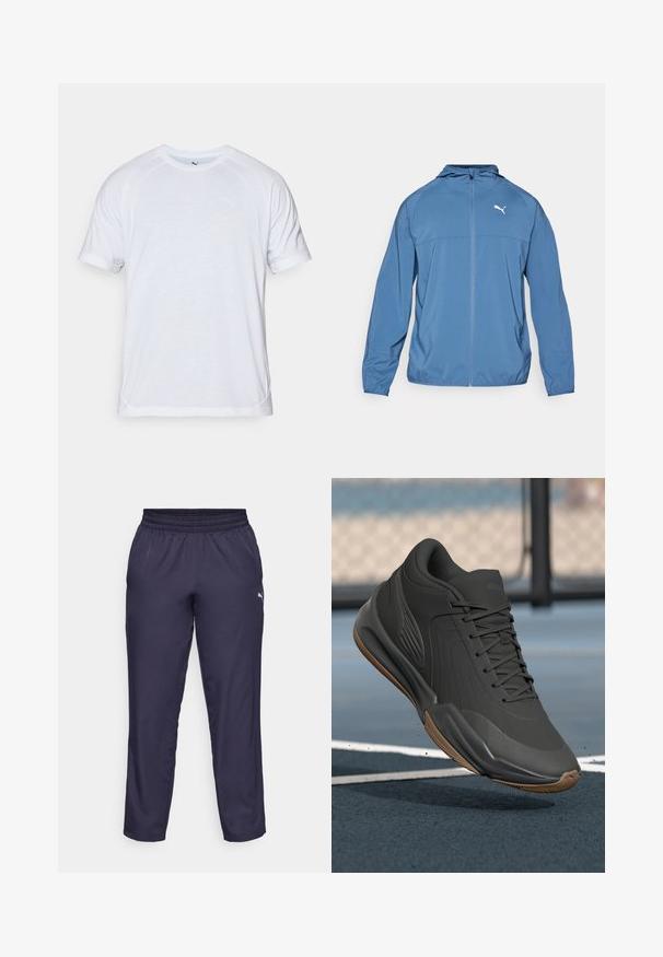 Modra lahka jakna s kapuco, sprednjim zadrgo in dolgimi rokavi; ima kontrastni bel logotip na levi prsni strani. Gladka tekstura.; Bela kratka majica s kratkimi rokavi z raglan rokavi, okroglim izrezom, subtilno teksturo in majhnim logotipom na sprednjem levem prsnem delu.; Mornarske športne hlače iz lahke tkanine, z elastičnim pasom in majhnim belim logotipom na levi strani. Gladka tekstura.; Črne atletske čevlje z gladkim sintetičnim zgornjim delom, teksturiranimi dodatki in gumijastim podplatom, zasnovani za zmogljivost in udobje.