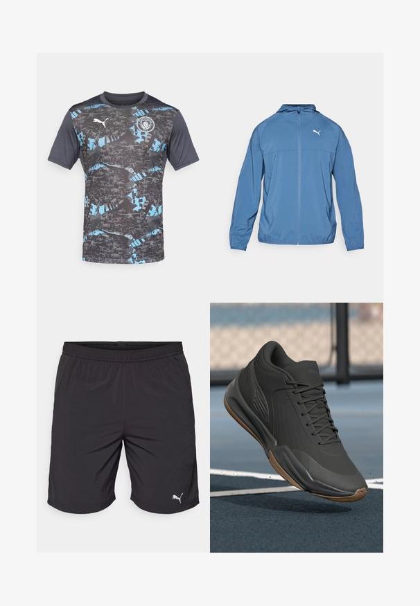 Sinine kerge jakk kapuutsiga, ees lukuga ja pikkade varrukatega; vasakul rinnal on kontrastne valge logo. Sile tekstuur.; Lühikese varrukaga hall jalgpallisärk mustade ja siniste abstraktsete mustritega, rinnal Puma logo ja Manchester City embleem.; Mustad mustad spordilühikud kergest kangast, millel on elastne vöökoht. Alumises vasakus nurgas on väike valge Puma logo.; Mustad mustreejal, millel on sile sünteetiline pealis, tekstuuriga aktsendid ja kummist tallad, loodud soorituse ja mugavuse tagamiseks.