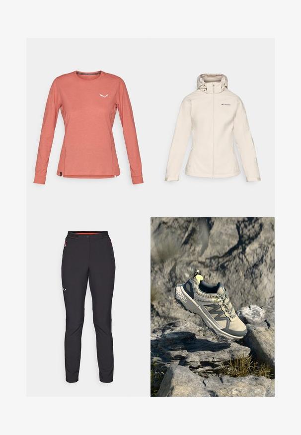 Beige Damen-Softshelljacke mit durchgehendem Reißverschluss, verstellbarer Kapuze und zwei Seitentaschen. Sie zeichnet sich durch eine glatte Textur und dezente Markenkennzeichnung aus.; Langärmliges, hellkorallenfarbiges Hemd aus weichem Material, mit rundem Halsausschnitt und kleinem weißen Logo auf der Brust. Seitenschlitze am Saum.; Salewa PEDROC PANT - Outdoor-Hose - black out; Columbia Trailrunningschuh in Hellbeige und Grau. Obermaterial aus Mesh mit strukturierten Details, Gummisohle und reflektierenden Akzenten. Leichtes Design.