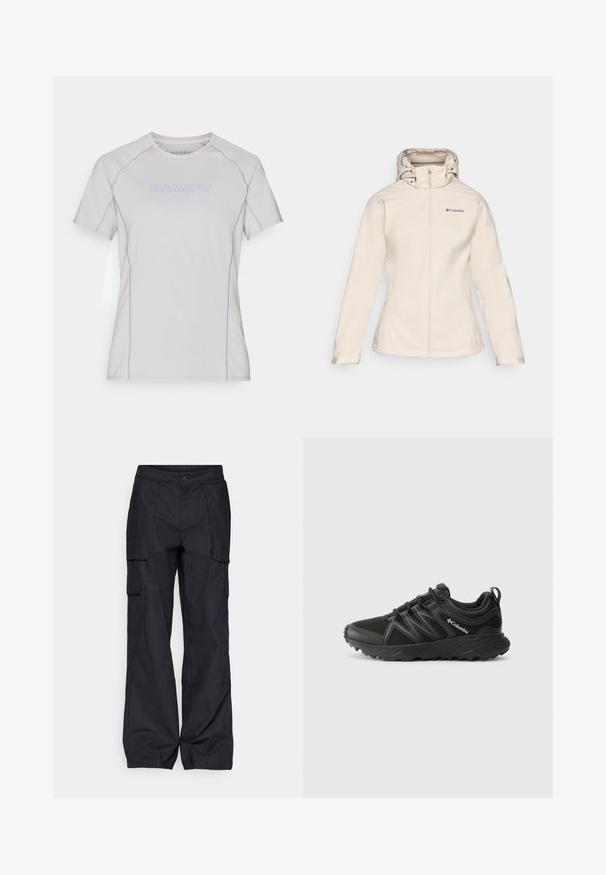 Naiste beež pehme kestaga jakk, millel on lukuga esiosa, reguleeritav kapuuts ja kaks küljetaskut. Omab sileda tekstuuri ja peent brändingut.; Helehall särgis, lühikeste varrukatega, ümmarguse kaelusega, millel on lillakaid aktsente ja esiosal logo 'MAMMUT'. Pehme ja sile kangas.; Columbia BREA FALLS™ COTTON RIPSTOP PANT - Õuepüksid - black; Columbia PEAKFREAK - Matkajalatsid - black