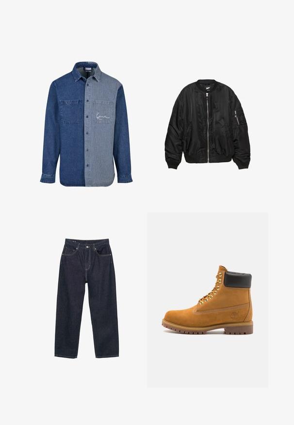 Schwarze Satin-Bomberjacke mit Frontreißverschluss, geripptem Kragen, Bündchen, Saum, zwei seitlichen Taschen und einer Reißverschlusstasche am Ärmel.; Dunkelgrüne Kapuzenjacke aus Baumwollmischung, mit einem großen "G.A.P."-Logo in Weiß und Marineblau, einer frontalen Kängurutasche und einer Kapuze mit Zugband.; Jeanshemd mit einer einfarbigen dunkelblauen linken Seite und einer gestreiften hellblauen rechten Seite, ausgestattet mit einer Brusttasche und Logostickerei.; Dunkelblaue Denim-Jeans mit einer lockeren Passform, ausgestattet mit fünf Taschen, kontrastierendem gelbem Stich und einem Knopfverschluss vorne.; Beige Wildleder-Ankle-Boot mit schwarzem gepolstertem Kragen, goldenen Metallösen, weißen Nähdetalben und einer robusten Gummisohle mit ausgeprägtem Profil.