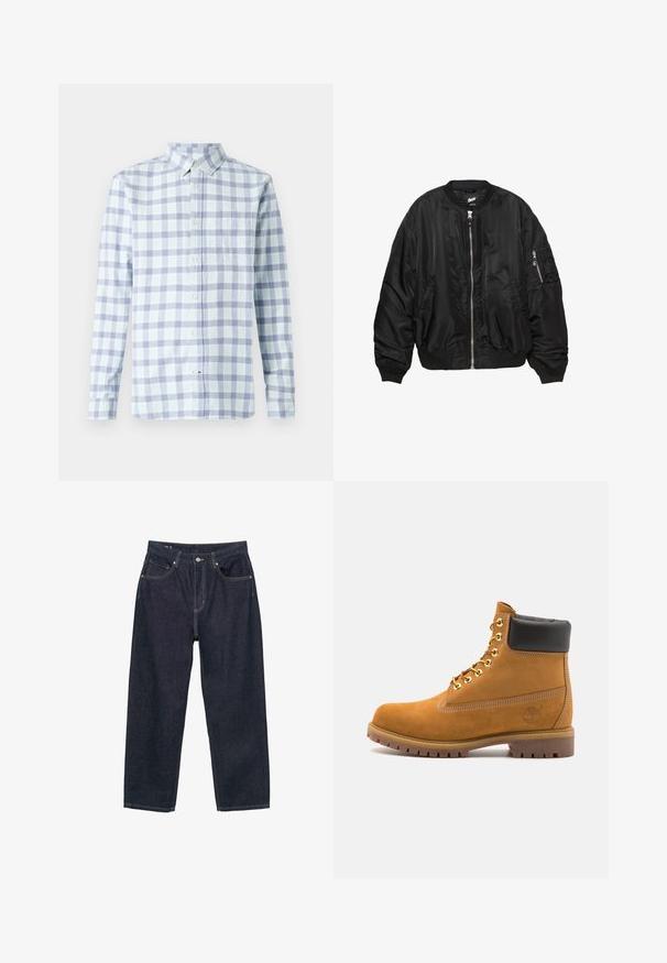 Črna satenasta bomber jakna z zadrgo spredaj, rebrastim ovratnikom, manšetami, robom, dvema stranskima žepoma in žepom na rokavu z zadrgo.; Temno zelena kapuca iz mešanice bombaža, z značilnim velikim logotipom "G.A.P." v beli in mornarsko modri barvi, sprednjim kenguru žepom in kapuco z vrvico.; Svetlo modra in sivka kariran srajca, s potiskom na gumb, dolgi rokavi, žep na prsih, bombažna tkanina, sproščen oblikovanje.; Temno modri kavbojasti hlače ohlapnega kroja, ki imajo pet žepov, kontrastne rumene šive in gumbno zapiranje spredaj.; Svetlo rjave anklne čizme iz semiša z črnim oblazinjenim ovratnikom, zlatimi kovinskimi očesci, belimi šivi in robustnim gumijastim podplatom s izrazitimi tredi.