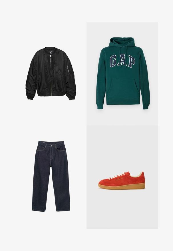 Black satin bomber jacket with front zipper, ribbed collar, cuffs, hem, two side pockets, and zippered sleeve pocket.; Dark green hoodie made of cotton blend, featuring a large "G.A.P." logo in white and navy, a front kangaroo pocket, and drawstring hood.; Dark blue denim jeans with a loose fit, featuring five pockets, contrasting yellow stitching, and a button closure at the front.; Red suede sneaker with white laces, tan rubber sole, and gold branding on the side. Rounded toe and low-profile design.