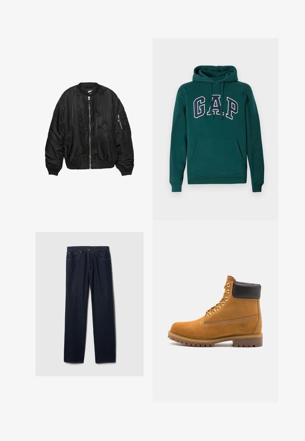 Giubbotto bomber in satin nero con zip frontale, colletto a coste, polsini a coste, fondo a coste, due tasche laterali e tasca con zip sulla manica.; Felpa verde scuro in misto cotone, con un grande logo "G.A.P." in bianco e blu navy, tasca a marsupio frontale e cappuccio con coulisse.; Jeans in denim blu scuro a gamba dritta con design a cinque tasche, chiusura con bottone e cuciture visibili su uno sfondo chiaro.; Stivale alla caviglia in suede tan con collare imbottito nero, occhielli in metallo dorato, dettagli in cucitura bianca e suola in gomma robusta con battistrada pronunciato.