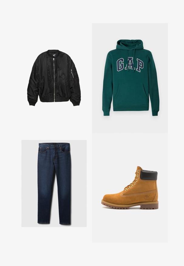 Fekete selyemfényű bombázó dzseki elöl cipzárral, bordás gallérral, mandzsettákkal és aljjal, két oldalsó zsebbel és cipzáras ujjtartó zsebbel.; Sötétzöld kapucnis pulóver pamut keverékből, fehér és tengerészkék "G.A.P." logóval, elöl kenguruzsebbel és húzózsinóros kapucnival.; Sötétkék, slim-fit farmernadrág enyhe kopással az elülső comboknál, réz szegecsekkel és klasszikus öt zsebes stílussal, fehér háttéren elhelyezve.; Barna velúr bokacipő fekete párnázott gallérral, arany fém fűzőlyukakkal, fehér varrási részletekkel és durva gumitalppal, amelynek kifejezett barázdái vannak.