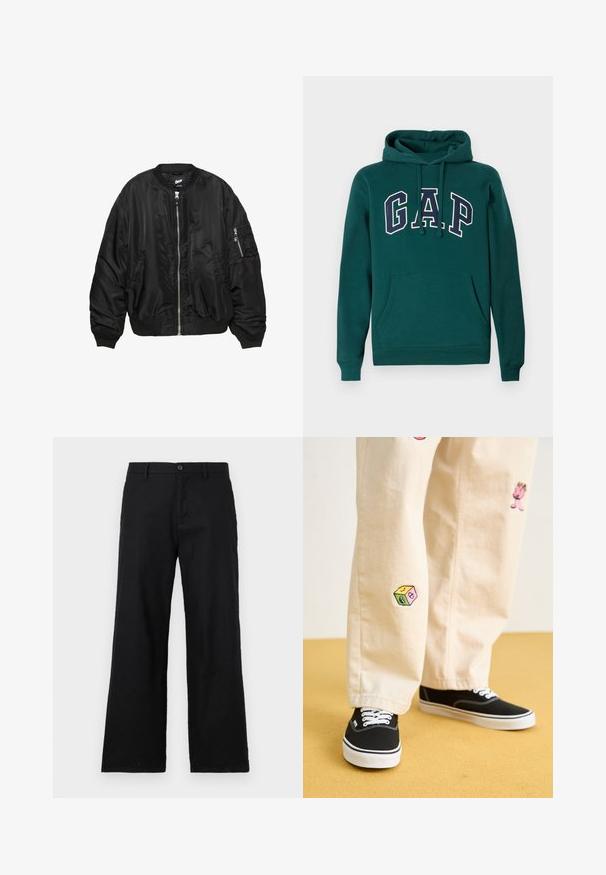 Veste bomber en satin noir avec fermeture éclair à l'avant, col, poignets et ourlet côtelés, deux poches latérales et une poche à fermeture éclair sur la manche.; Sweat à capuche vert foncé en mélange de coton, arborant un grand logo "G.A.P." en blanc et marine, une poche kangourou à l'avant et un cordon de serrage pour la capuche.; Pantalon noir à jambe droite en coton, doté d'une fermeture à bouton et de passants de ceinture. Texture lisse sans motifs ni accents visibles.; Pantalon en coton beige avec des motifs brodés ludiques, incluant un personnage rose et un bloc de couleur, associé à des baskets noires à lacets.