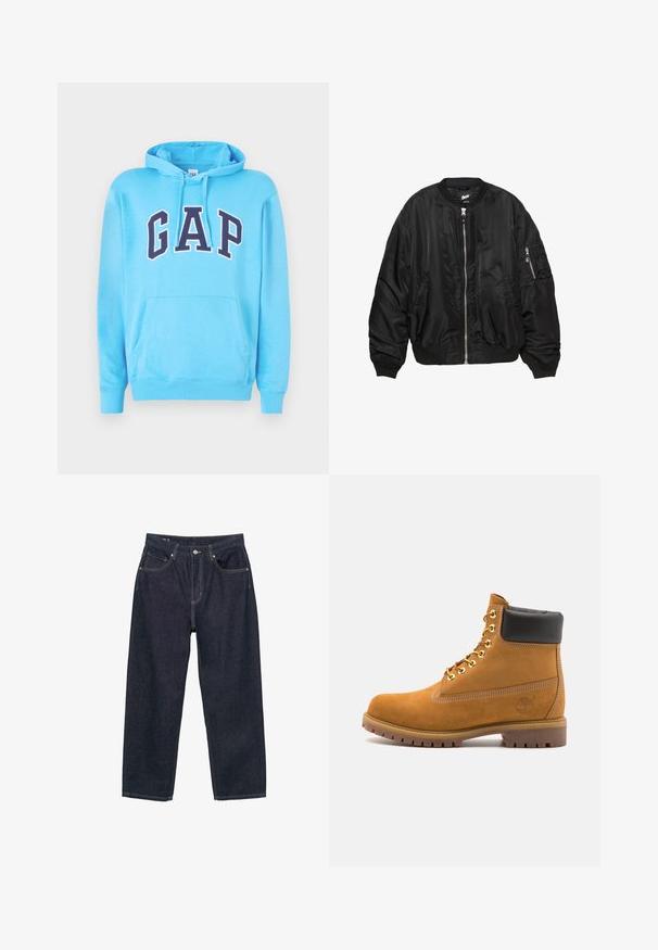 Čierna saténová bomber bunda s predným zipsom, ribbovaným golierom, manžetami a lemom, dvoma bočnými vreckami a vreckom so zipsom na rukáve.; Svetlomodrá mikina vyrobená z mäkkého materiálu, ktorá má klokanie vrecko a kapucňu na sťahovanie. Na prednej strane je logo "GAP" v tučných námorníckych písmenách.; Tmavomodré džínsy s voľným strihom, so piatimi vreckami, kontrastným žltým prešívaním a zapínaním na gombík vpredu.; Tyrkysové semišové členkové topánky s čiernym polstrovaným golierom, zlatými kovovými očkami, bielym prešívaním a robustnou gumovou podrážkou s výraznými drážkami.