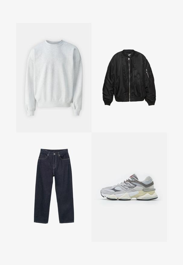 Svart satin bomberjacka med framdragkedja, ribbad krage, ärmslut, fåll, två sidofickor och ficka med dragkedja på ärmen.; Ljusgrå sweatshirt gjord av mjukt tyg, har rundad halsringning, ribbade muddkanter och avslappnad passform med något sänkta axlar.; Mörkblå denimjeans med lös passform, som har fem fickor, kontrasterande gul sömnad och knäppning fram.; Grå mocka- och meshsneaker med en tjock vit och beige sula, med en framträdande vit logotyp och röda detaljer.