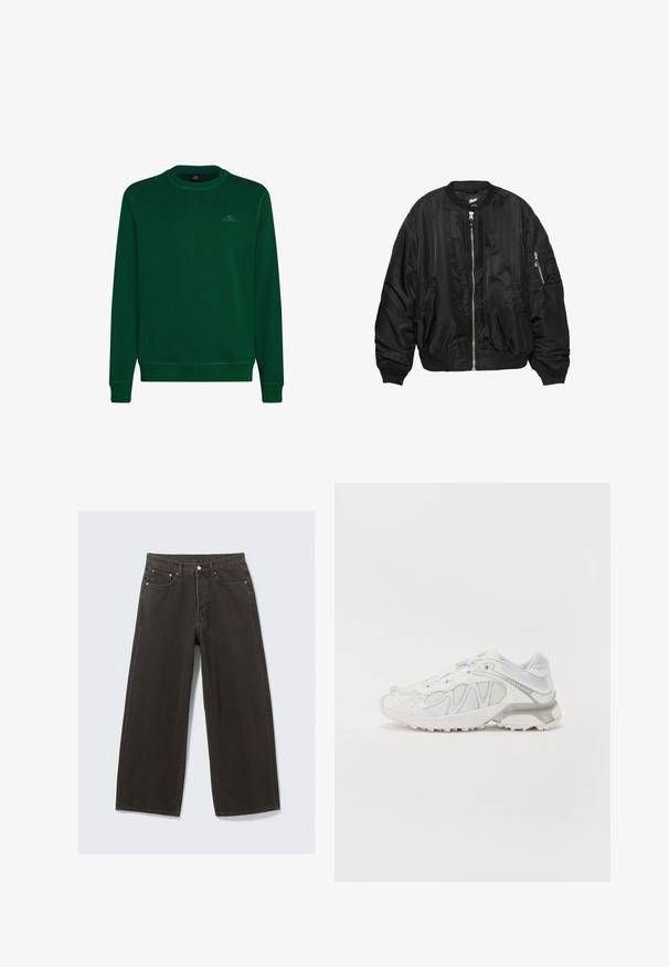 Veste bomber en satin noir avec fermeture éclair à l'avant, col, poignets et ourlet côtelés, deux poches latérales et une poche à fermeture éclair sur la manche.; Sweatshirt vert en tissu doux, avec un col rond, des manches longues, des poignets côtelés et un petit logo O'Neill sur la poitrine.; Des jeans en denim noir à jambe large présentent une taille haute, un design à cinq poches et une fermeture à bouton. Le tissu a une finition douce et texturée.; Baskets de sport blanches avec une tige en maille, des superpositions texturées et un design élégant. Agrémentées de détails gris clair et d'une semelle rembourrée.