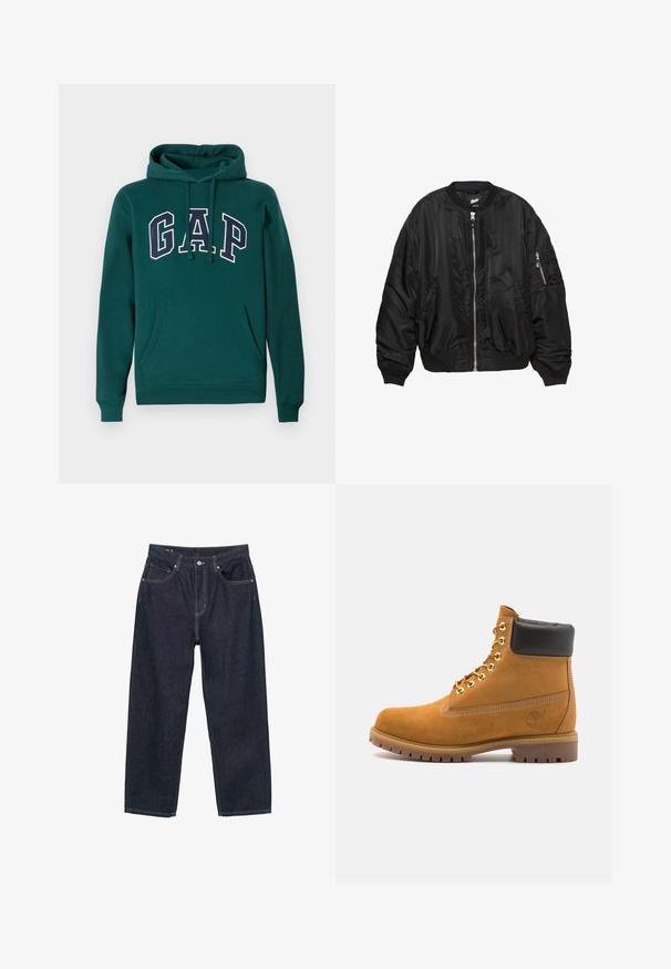 Giubbotto bomber in satin nero con zip frontale, colletto a coste, polsini a coste, fondo a coste, due tasche laterali e tasca con zip sulla manica.; Felpa verde scuro in misto cotone, con un grande logo "G.A.P." in bianco e blu navy, tasca a marsupio frontale e cappuccio con coulisse.; Jeans in denim blu scuro con vestibilità morbida, dotati di cinque tasche, cuciture gialle a contrasto e chiusura con bottone sul davanti.; Stivale alla caviglia in suede tan con collare imbottito nero, occhielli in metallo dorato, dettagli in cucitura bianca e suola in gomma robusta con battistrada pronunciato.