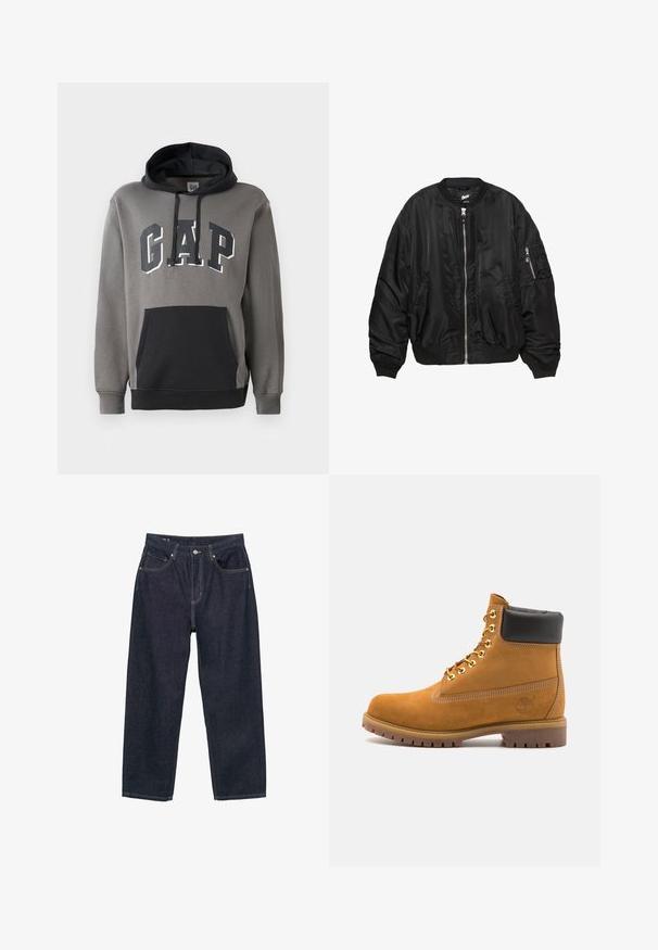 Črna satenasta bomber jakna z zadrgo spredaj, rebrastim ovratnikom, manšetami, robom, dvema stranskima žepoma in žepom na rokavu z zadrgo.; Siva kapucar z z black kapuco na sprednji strani, z logotipom "GAP" v debelih črkah čez prsi in z vrvico za nastavljanje kapuce.; Temno modri kavbojasti hlače ohlapnega kroja, ki imajo pet žepov, kontrastne rumene šive in gumbno zapiranje spredaj.; Svetlo rjave anklne čizme iz semiša z črnim oblazinjenim ovratnikom, zlatimi kovinskimi očesci, belimi šivi in robustnim gumijastim podplatom s izrazitimi tredi.