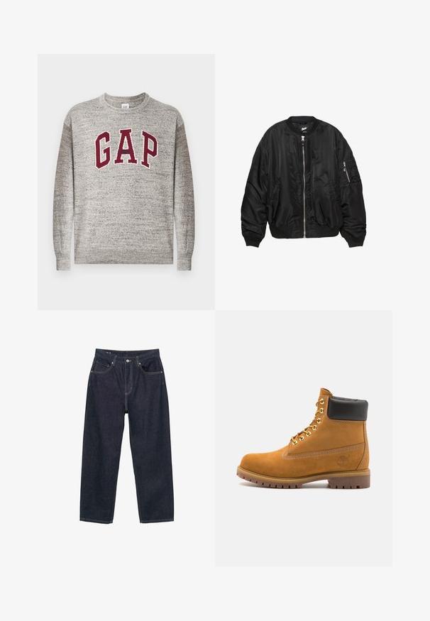 Czarna satynowa kurtka bombowca z przednim zamkiem, ściągaczem przy kołnierzu, mankietach i u dołu, dwoma kieszeniami bocznymi oraz kieszenią na rękawie zapinaną na zamek.; Szary sweter z okrągłym dekoltem z bordowymi literami "GAP" oraz małym napisem "Athletic" wyśrodkowanym na piersi, z ściągaczami na mankietach i dolnej krawędzi.; Granatowe dżinsy o luźnym kroju, z pięcioma kieszeniami, kontrastującym żółtym przeszyciem i zapięciem na guzik z przodu.; Beżowe zamszowe botki sięgające kostki z czarną wyściełaną krawędzią, złotymi oczkami, białymi detalami szycia oraz wytrzymałą gumową podeszwą z wyraźnym bieżnikiem.