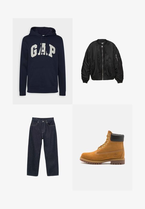 Giubbotto bomber in satin nero con zip frontale, colletto a coste, polsini a coste, fondo a coste, due tasche laterali e tasca con zip sulla manica.; Felpa in cotone blu navy con un grande logo "GAP" grigio chiaro, tasca a marsupio frontale e lacci per il cappuccio. Design classico con polsini a costine.; Jeans in denim blu scuro con vestibilità morbida, dotati di cinque tasche, cuciture gialle a contrasto e chiusura con bottone sul davanti.; Stivale alla caviglia in suede tan con collare imbottito nero, occhielli in metallo dorato, dettagli in cucitura bianca e suola in gomma robusta con battistrada pronunciato.