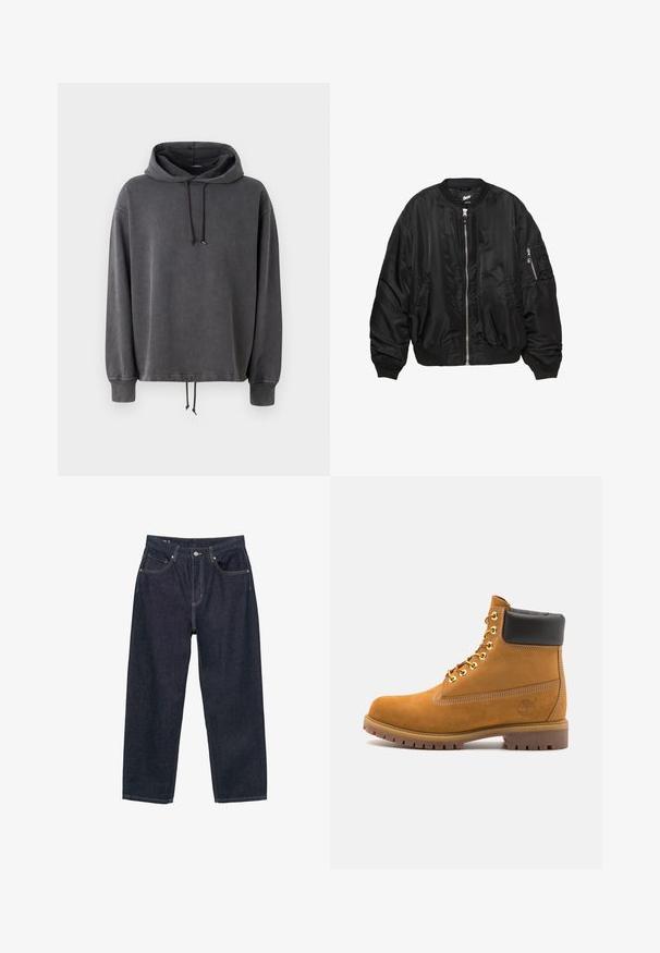 Giubbotto bomber in satin nero con zip frontale, colletto a coste, polsini a coste, fondo a coste, due tasche laterali e tasca con zip sulla manica.; Felpa grigia realizzata in tessuto morbido, con cappuccio regolabile a stringa, maniche lunghe e orlo regolabile con cordino. Texture liscia e vestibilità comoda.; Jeans in denim blu scuro con vestibilità morbida, dotati di cinque tasche, cuciture gialle a contrasto e chiusura con bottone sul davanti.; Stivale alla caviglia in suede tan con collare imbottito nero, occhielli in metallo dorato, dettagli in cucitura bianca e suola in gomma robusta con battistrada pronunciato.