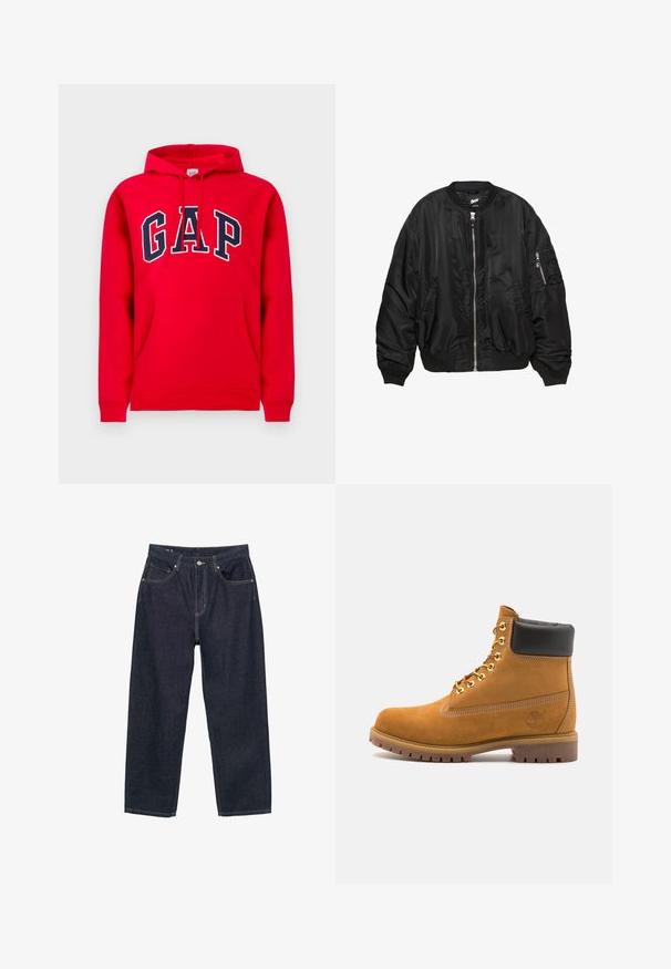Schwarze Satin-Bomberjacke mit Frontreißverschluss, geripptem Kragen, Bündchen, Saum, zwei seitlichen Taschen und einer Reißverschlusstasche am Ärmel.; Rotes Hoodie aus Baumwolle, mit einer Vordertasche, Kordelzugkapuze und dem "GAP"-Logo in Marineblau über der Brust.; Dunkelblaue Denim-Jeans mit einer lockeren Passform, ausgestattet mit fünf Taschen, kontrastierendem gelbem Stich und einem Knopfverschluss vorne.; Beige Wildleder-Ankle-Boot mit schwarzem gepolstertem Kragen, goldenen Metallösen, weißen Nähdetalben und einer robusten Gummisohle mit ausgeprägtem Profil.