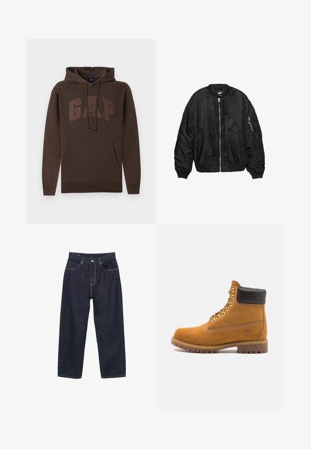 Black satin bomber jacket with front zipper, ribbed collar, cuffs, hem, two side pockets, and zippered sleeve pocket.; Brown hoodie featuring a kangaroo pocket, drawstrings, and "GAP" logo in a lighter brown shade across the chest. Comfortable cotton blend.; Dark blue denim jeans with a loose fit, featuring five pockets, contrasting yellow stitching, and a button closure at the front.; Tan suede ankle boot with black padded collar, gold metal eyelets, white stitching detailing, and rugged rubber sole with pronounced treads.