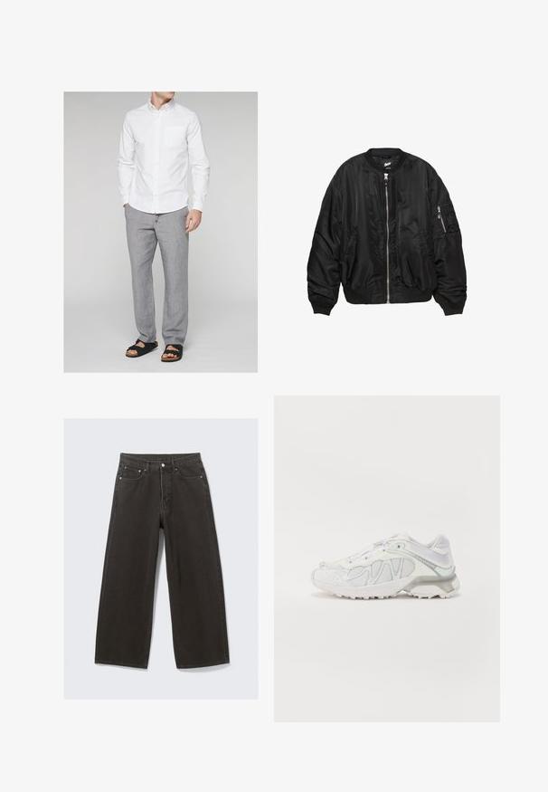 Czarna satynowa kurtka bombowca z przednim zamkiem, ściągaczem przy kołnierzu, mankietach i u dołu, dwoma kieszeniami bocznymi oraz kieszenią na rękawie zapinaną na zamek.; Next LONG SLEEVE OXFORD - Koszula; Szerokie czarne dżinsy z wysokim stanem, pięcioma kieszeniami i zapięciem na guzik. Materiał ma miękkie, teksturowane wykończenie.; Białe buty sportowe z siateczkową cholewką, teksturowanymi nakładkami i eleganckim designem. Akcentowane jasnoszarymi detalami i miękką podeszwą.