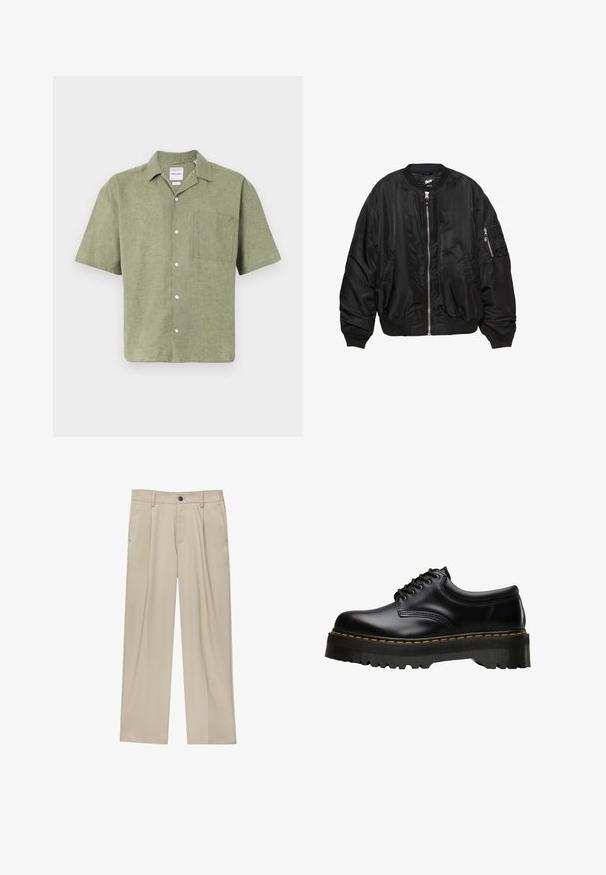 Zwarte satijnen bomberjack met voorkant rits, ribbelkraag, manchetten, zoom, twee zijzakken en een ritsvak op de mouw.; Korte mouwen olijfgroen linnen shirt met een kraag, sluiting met knopen aan de voorkant en een borstzak. Getextureerde stof met een natuurlijke afwerking.; Beige broek met een rechte snit, voorzien van een enkele zwarte knoop, riemlussen en zijzakken. Glad stoffen textuur en een minimalistisch ontwerp.; Zwarte leren veterschoen met een dikke, getande zwarte rubberen zool en gele stiksels langs de rand, met een gladde afwerking.