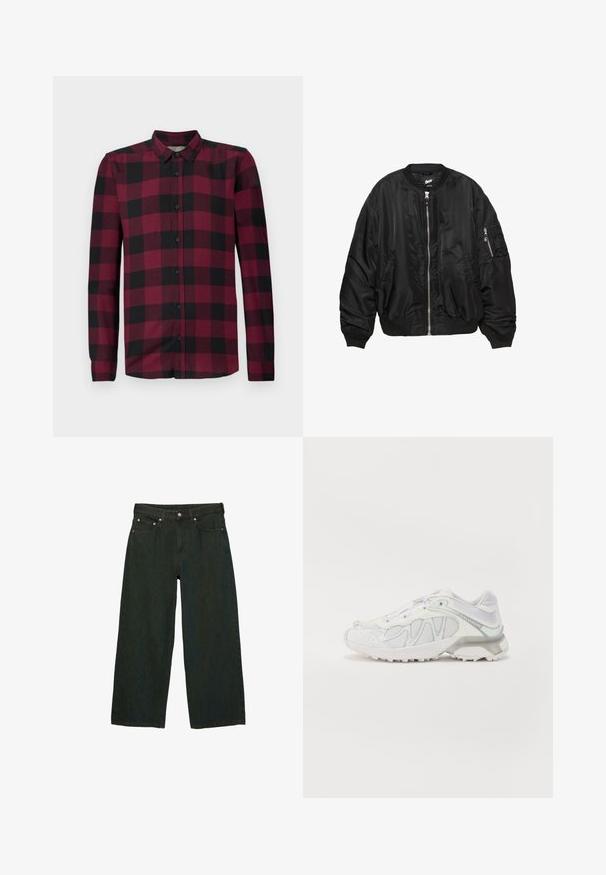 Czarna satynowa kurtka bombowca z przednim zamkiem, ściągaczem przy kołnierzu, mankietach i u dołu, dwoma kieszeniami bocznymi oraz kieszenią na rękawie zapinaną na zamek.; Koszula z długim rękawem, zapinana na guziki, w czerwono-czarną kratę, z klasycznym kołnierzykiem i dopasowanymi manszetami.; Ciemnozielone dżinsy typu wide-leg wykonane z denimu; posiadają guziki i zamek z przodu, pięć kieszeni oraz subtelne wariacje faktury.; Białe buty sportowe z siateczkową cholewką, teksturowanymi nakładkami i eleganckim designem. Akcentowane jasnoszarymi detalami i miękką podeszwą.
