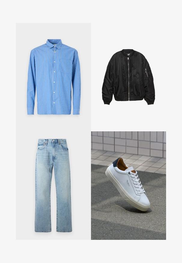 Sort satin bomberjakke med frontlynlås, ribbestrikket krave, manchetter, bund, to sidelommer og lynlås-lomme på ermet.; Blå- og hvidstribet langærmet skjorte med knaplukning, der har en klassisk krave og en enkelt brystlomme. Blødt bomuldsmateriale.; Lysblå denimjeans med brede lige ben, fem lomme-design og bæltestropper i taljen. Stoffet har en let falmet tekstur.; Hvide lædersneakers med en marineblå hæl, rund tå og kontrasterende brune detaljer. Har flade snørebånd og en tekstureret gummisål.