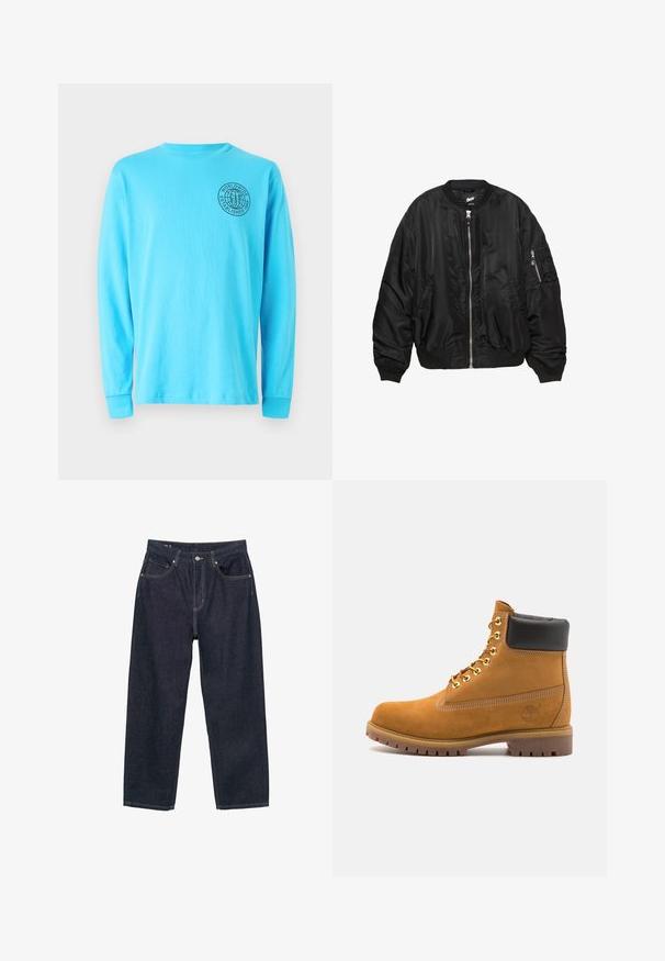 Fekete selyemfényű bombázó dzseki elöl cipzárral, bordás gallérral, mandzsettákkal és aljjal, két oldalsó zsebbel és cipzáras ujjtartó zsebbel.; Hosszú ujjú póló élénk türkiz színű pamutból, fekete kör alakú logóval a bal mellen. Egyszerű kerek nyakkivágás és bordázott mandzsetták.; Sötétkék farmernadrág laza szabással, öt zsebbel, kontrasztos sárga varrással és elöl gombos záródással.; Barna velúr bokacipő fekete párnázott gallérral, arany fém fűzőlyukakkal, fehér varrási részletekkel és durva gumitalppal, amelynek kifejezett barázdái vannak.