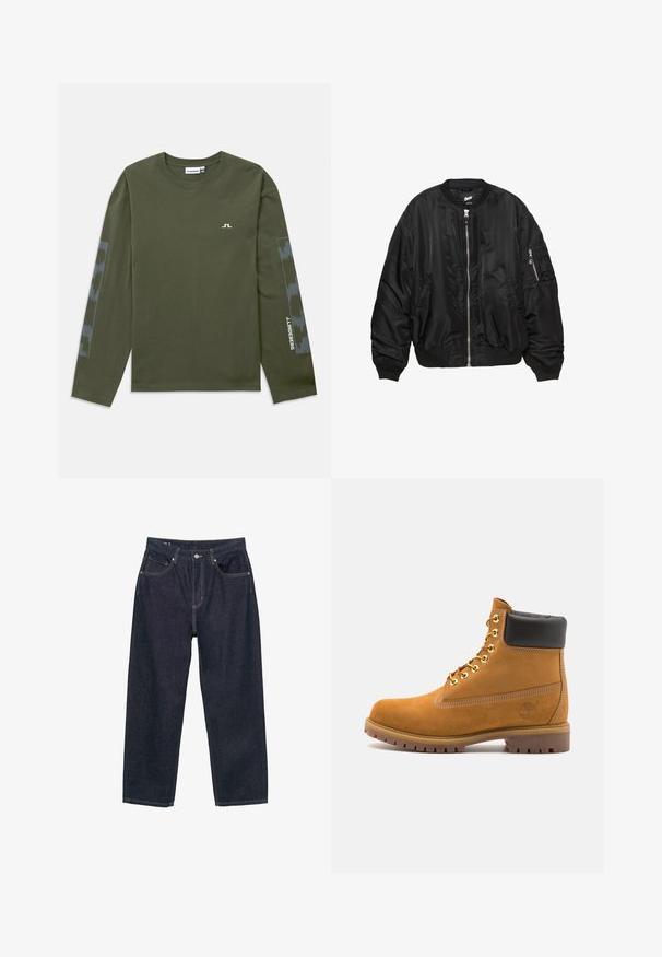 Černá saténová bomber bunda s předním zipem, žebrovaným límcem, manžetami a lemem, dvěma bočními kapsami a kapsou na zip na rukávu.; Zelená olivová košile s dlouhým rukávem vyrobená z bavlny, s malým bílým logem na hrudi a vzorovaným šedým akcentem na rukávech.; Tmavě modré džíny s volným střihem, se pěti kapsami, kontrastním žlutým prošíváním a knoflíkovým zapínáním na přední straně.; Hnědé semišové kotníkové boty s černým polstrovaným límcem, zlatými kovovými očky, bílým prošíváním a odolnou gumovou podrážkou s výraznými drážkami.
