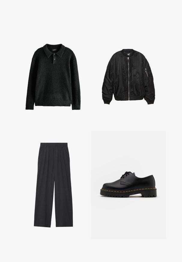 Jachetă bomber din satin negru, cu fermoar frontal, guler, manșete și tiv ribbate, două buzunare laterale și un buzunar cu fermoar pe mânecă.; Pulover negru, texturat, cu guler, clapetă cu trei nasturi și mâneci lungi. Fabricat dintr-un material moale, pufoasă.; Pantaloni largi dintr-un material gri închis. Prezintă pliuri la talie, un design ajustat și o siluetă dreaptă.; Pantof black din piele, cu sireturi, cu vârf rotund, talpă din cauciuc texturat și cusături galbene în jurul bazei. Design plat și finisaj neted.