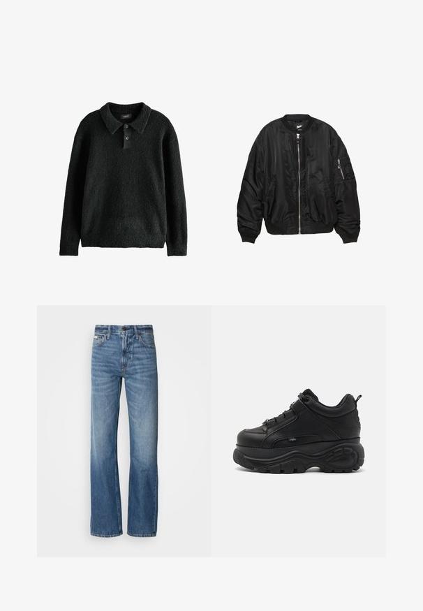 Čierna saténová bomber bunda s predným zipsom, ribbovaným golierom, manžetami a lemom, dvoma bočnými vreckami a vreckom so zipsom na rukáve.; Čierny, textúrovaný pulóver s golierom, trojbuttonovou légou a dlhými rukávmi. Vyrobený z mäkkého, nadýchaného materiálu.; Modré džíny z denimoviny so strihaním rovného nohavice, vysokým pásom a jemným vyblednutím. Obsahujú zapínanie na gombík a zips a klasický dizajn s piatimi vreckami.; Čierne kožené chunky tenisky s hrubou gumovou podrážkou, štýlovým dizajnom a textúrovanými detailmi. Obsahujú šnúrky a pútko na päte.