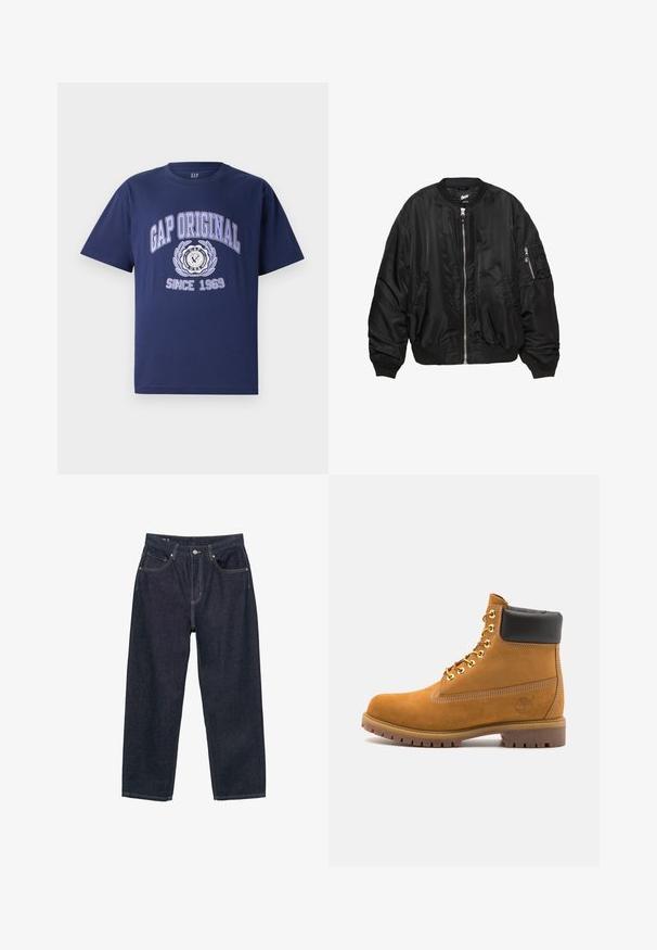 Sort satin bomberjakke med frontlynlås, ribbestrikket krave, manchetter, bund, to sidelommer og lynlås-lomme på ermet.; Mørkeblå bomulds T-shirt med korte ærmer, med teksten "GAP ORIGINAL" og grafisk design, cirkulært emblem, og "SINCE 1969" nedenfor.; Mørkeblå denim jeans med løs pasform, der har fem lommer, kontrasterende gul syning og en knaplukning foran.; Tan nubuck ankelstøvle med sort polstret krave, gyldne metaløjer, hvid syning detaljer og robust gummisål med udtalte slidbaner.