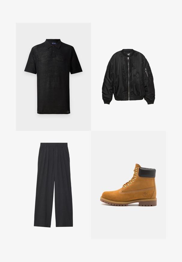 Czarna satynowa kurtka bombowca z przednim zamkiem, ściągaczem przy kołnierzu, mankietach i u dołu, dwoma kieszeniami bocznymi oraz kieszenią na rękawie zapinaną na zamek.; Czarny polo z teksturowanej dzianiny. Posiada krótki rękaw, kołnierzyk oraz zapięcie na trzy guziki. Lekka konstrukcja, swobodny krój.; Szerokie spodnie wykonane z ciemnoszarego materiału. Posiadają pliski w talii, dopasowany krój oraz prostą sylwetkę.; Beżowe zamszowe botki sięgające kostki z czarną wyściełaną krawędzią, złotymi oczkami, białymi detalami szycia oraz wytrzymałą gumową podeszwą z wyraźnym bieżnikiem.