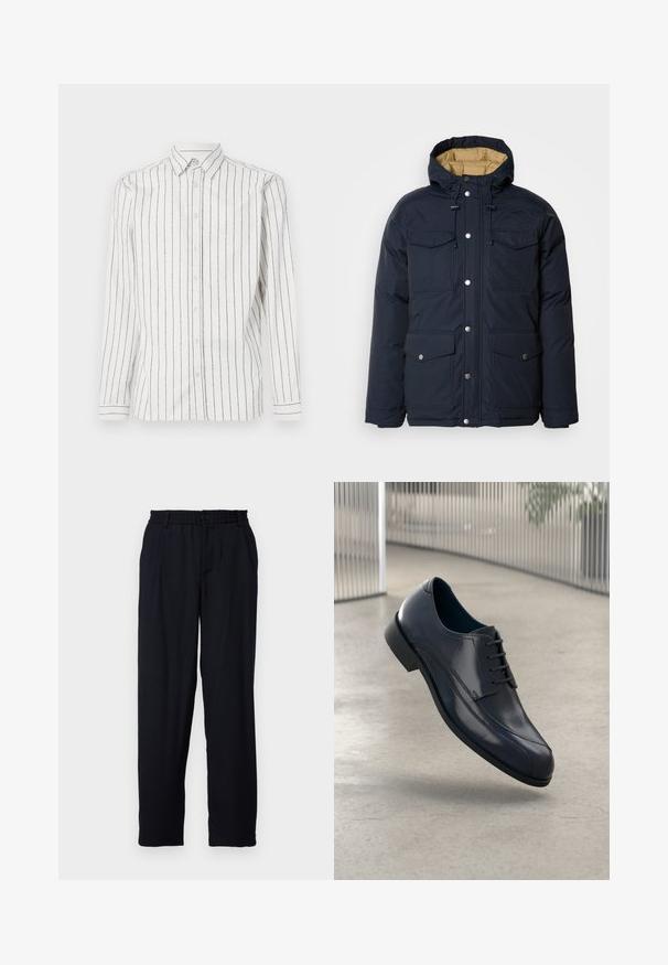 Schott BAIRON - Giacca invernale - navy; Camicia bianca a maniche lunghe con strisce verticali nere, colletto button-down e bottoni frontali. Tessuto morbido con una superficie liscia.; Libertine-Libertine ALIVE - Pantaloni - dark navy; Scarpa da cerimonia in pelle nera lucida con lacci, sospesa sopra un pavimento grigio chiaro e con barre metalliche verticali sullo sfondo.