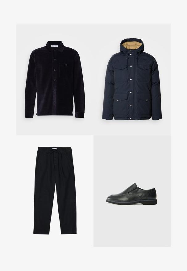 Schott BAIRON - Talvitakki - navy; Mustat corduroy-paita kauluksella, pitkillä hihoilla, nappikiinnityksellä, rintataskulla ja teksturoidulla kankaalla. Sisältää pienen tarran helman kohdalla.; Pier One Chinot - black; Musta nahkainen liukujalkine, jossa on sileä pinta, ommeltuja yksityiskohtia, pyöristetty kärki ja matala kumipohja. Pohjassa on minimaalinen pito.