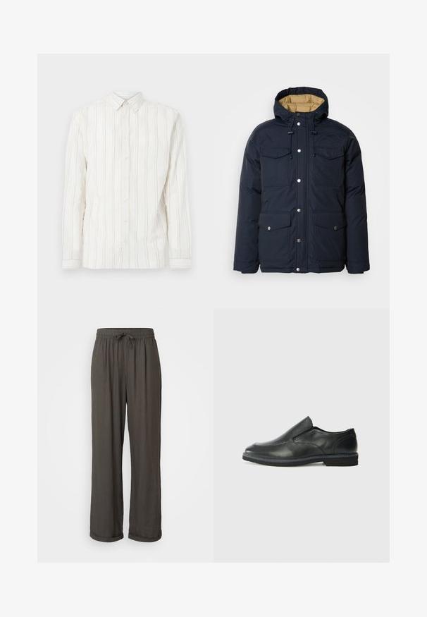 Schott BAIRON - Winter jacket - navy; White long-sleeve button-up shirt with vertical light brown stripes, a classic collar, and button-front closure. Soft, textured fabric.; Dark gray wide-leg pants with a drawstring waist, made of a soft, textured fabric, featuring rolled cuffs at the ankles.; Black leather slip-on shoe with a smooth upper, stitched accents, rounded toe, and a low rubber heel. Sole features minimal tread.