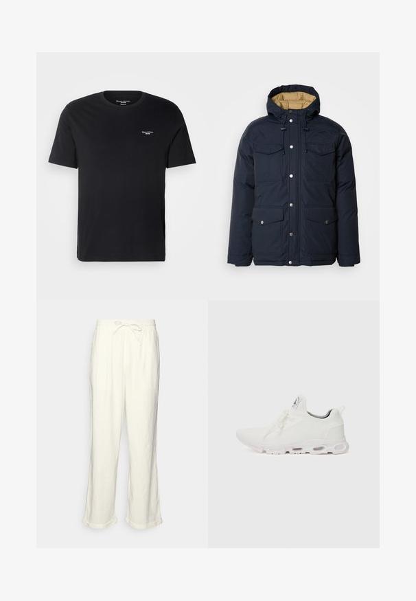 Schott BAIRON - Casaco de inverno - navy; T-shirt preta de mangas curtas, feita de algodão, com um decote redondo e um pequeno logótipo branco na área do peito esquerdo. Design simples e clássico.; Calças de linho em off-white com um cós elástico, pernas ligeiramente largas e acabamentos dobrados para um ajuste descontraído. Sem bolsos.; Ténis atléticos brancos com um superior em malha texturizada, atacadores planos e uma sola acolchoada com câmaras de ar visíveis para maior suporte.