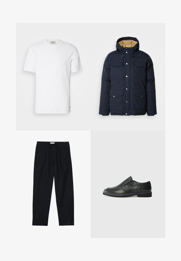 Schott BAIRON - Veste d'hiver - navy; T-shirt blanc à manches courtes en coton, avec un col rond et un ourlet droit. Étiquette visible sur le côté inférieur gauche.; Pier One Chino - black; Chaussure slip-on en cuir noir avec une tige lisse, des accents cousus, un bout arrondi et un petit talon en caoutchouc. La semelle présente un profil de traction minimal.