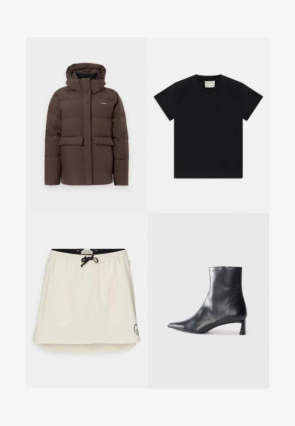 Barna puffernadrág kapucnival, két elülső zsebbel, cipzáros előzárral és elasztikus mandzsettákkal. Simább textúra, látható steppeléssel.; Fekete, rövid ujjú, kerek nyakú póló fehér címkével a gallér belsejében, amelyen az "D.R.C. EST. 2002" felirat szerepel, fehér háttéren.; Fehér szoknya rövidnadrág, rugalmas derékrésszel és fekete húzózsinórral. Kerekített alsó széllel és egy kis hímzett mintával az alsó sarokban.; Fekete bőr bokacsizma hegyes orral és letisztult dizájnnal. Alacsony sarka és hátsó cipzáras záródása van. Simának tűnő textúra.