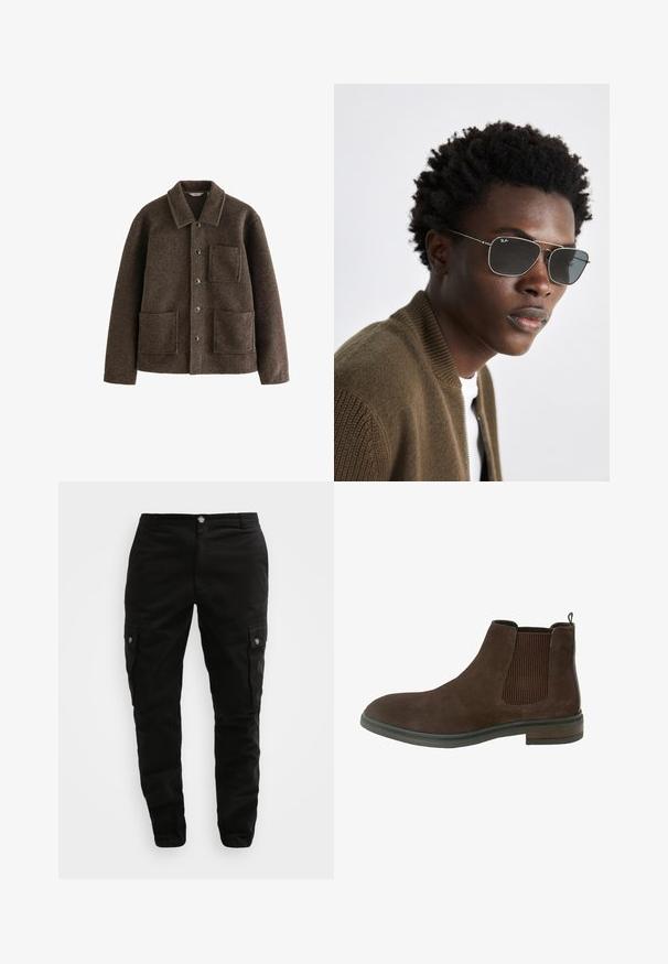 Braune Wolljacke mit Kragen, zwei Fronttaschen und Knopfverschluss. Bietet eine strukturierte Oberfläche und ein gerades Design.; Schwarzer Rollkragenpullover aus weichem Strickmaterial. Mit langen Ärmeln, geripptem Kragen und Saum. Schlichtes, elegantes Design ohne Muster.; Schwarze Cargo-Hosen aus strapazierfähigem Material, mit Seitentaschen, Knopfverschluss und schlankem Design. Glatte Textur mit minimaler Detailgestaltung.; Braune Wildleder-Ankle-Boots mit elastischen Seitenpaneelen, runder Zehenform und niedrigem Blockabsatz. Verfügt über eine Ziernaht entlang der Sohle.; Sonnenbrille mit silbernem Metallrahmen, im Aviator-Stil und dunkel getönten Gläsern. Kombiniert mit einer braunen Bomberjacke mit Rippstruktur.