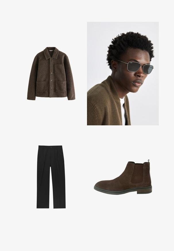 Hnědý vlněný kabát s límcem, dvěma předními kapsami a zapínáním na knoflíky. Obsahuje texturovaný povrch a rovný střih.; Černý rolák vyrobený z měkkého pleteného materiálu. Má dlouhé rukávy, žebrovaný límec a lem. Jednoduchý, elegantní design bez vzorů.; Černé kalhoty s rovnými nohavicemi, vyrobené z hladké tkaniny. Mají přední záhyby a jedno knoflíkové zapínání v pase.; Hnědé semišové kotníkové boty s elastickými bočními panely, kulatou špičkou a nízkým podpatečným podpatkem. Zdobené prošíváním podél podrážky.; Sluneční brýle s rámem ze stříbrného kovu, ve tvaru aviator a s tmavě zabarvenými skly. Stylizovány s žebrovanou hnědou bomber bundou.
