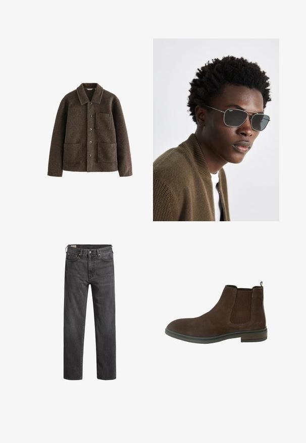 Veste en laine marron avec col, deux poches avant et fermetures à bouton. Présente une finition texturée et un design à coupe droite.; Un pull à col roulé noir en matière tricotée douce. Il possède des manches longues, un col et un ourlet côtelés. Son design est simple et épuré, sans motifs.; Jean en denim gris foncé avec une coupe droite, cinq poches et des rivets en cuivre. Design classique avec une texture légèrement décolorée.; Bottine en suède marron avec des panneaux élastiques sur les côtés, bout arrondi et un petit talon empilé. Comprend un détail de couture le long de la semelle.; Lunettes de soleil avec une monture en métal argenté, de forme aviateur, et des verres teintés foncés. Stylées avec une veste bomber marron à cordures.