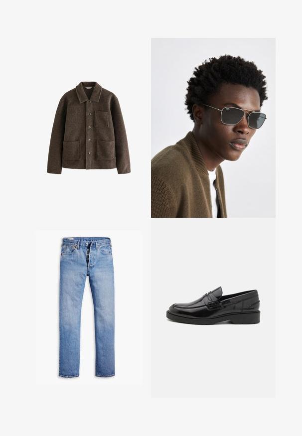 Hnědý vlněný kabát s límcem, dvěma předními kapsami a zapínáním na knoflíky. Obsahuje texturovaný povrch a rovný střih.; Černý rolák vyrobený z měkkého pleteného materiálu. Má dlouhé rukávy, žebrovaný límec a lem. Jednoduchý, elegantní design bez vzorů.; Svetle modré džínové kalhoty se střihem rovného nohavice, pětitlačítkovým zapínáním, poutky na opasek a jemným vyblednutím. Mají dvě přední kapsy a měděné nýty.; Černé kožené mokasíny s hladkým povrchem, kulatou špičkou, nízkým podpatkem a dekorativním šitím na přední straně. Gumová podrážka pro lepší přilnavost.; Sluneční brýle s rámem ze stříbrného kovu, ve tvaru aviator a s tmavě zabarvenými skly. Stylizovány s žebrovanou hnědou bomber bundou.