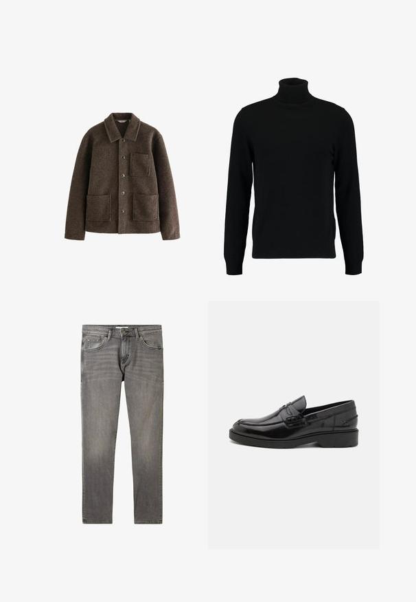 Brūns vilnas žakets ar apkakli, divām priekšējām kabatām un pogu aizdari. Iespējota teksturēta apdare un taisna griezuma dizains.; Melns augsti stāvošs džemperis, kas izgatavots no mīksta adījuma materiāla. Tam ir garas piedurknes, ribota apkakle un apakšmala. Vienkāršs, elegants dizains bez rakstiem.; Pelēkie džinsi ar klasisku taisnu kāju dizainu, minimālu nolietojumu, priekšējiem kabatām un metāla pogu aizdari jostasvietā.; Melnas ādas loafers ar gludu apdari, noapaļotu purngalu, zemu papēdi un dekoratīvo izšuvumu gar priekšējo daļu. Gumijas outsole labai saķerei.